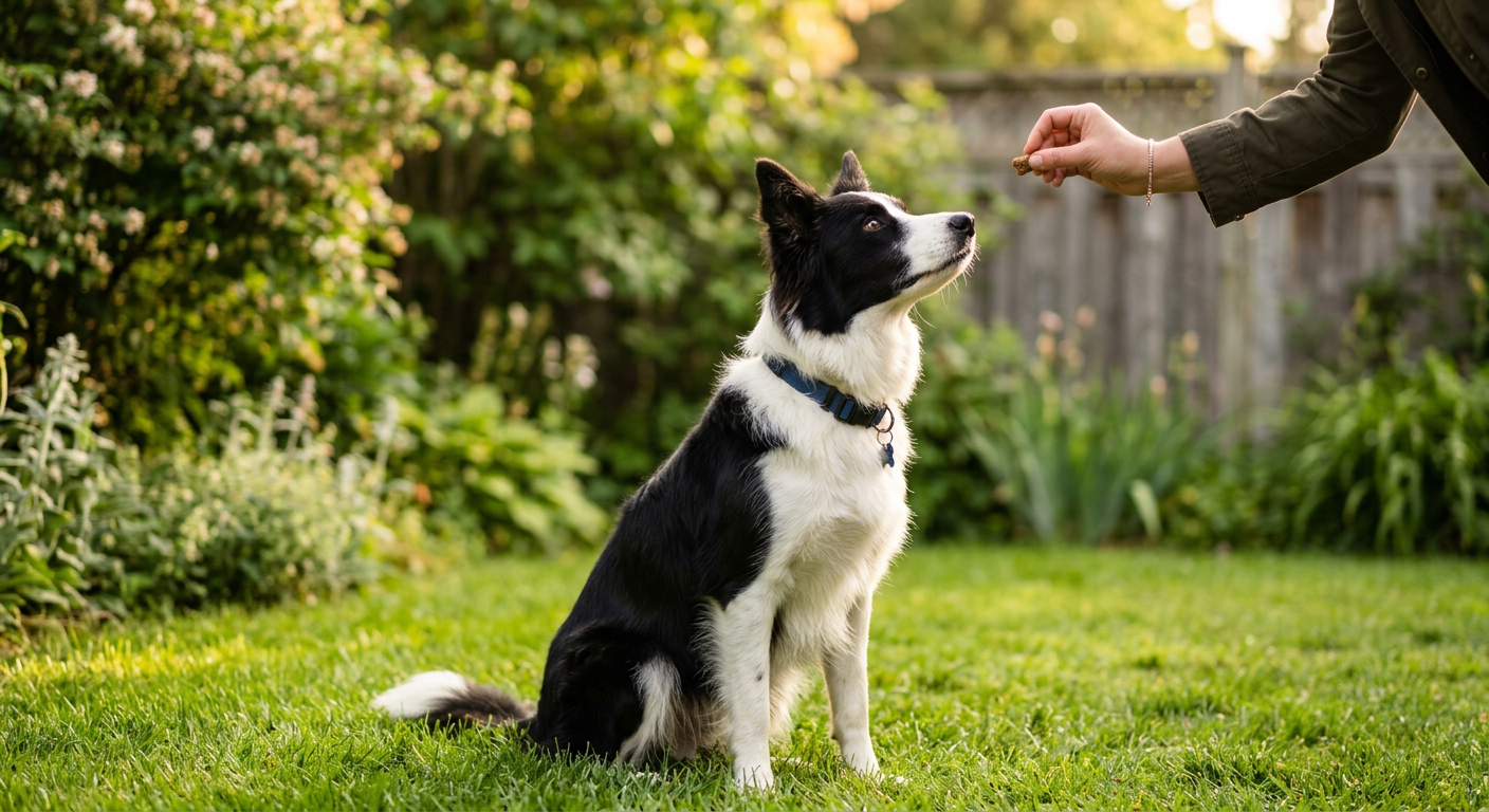 A focused Border Collie sitting calmly during a training session in a grassy backyard with a clicker.