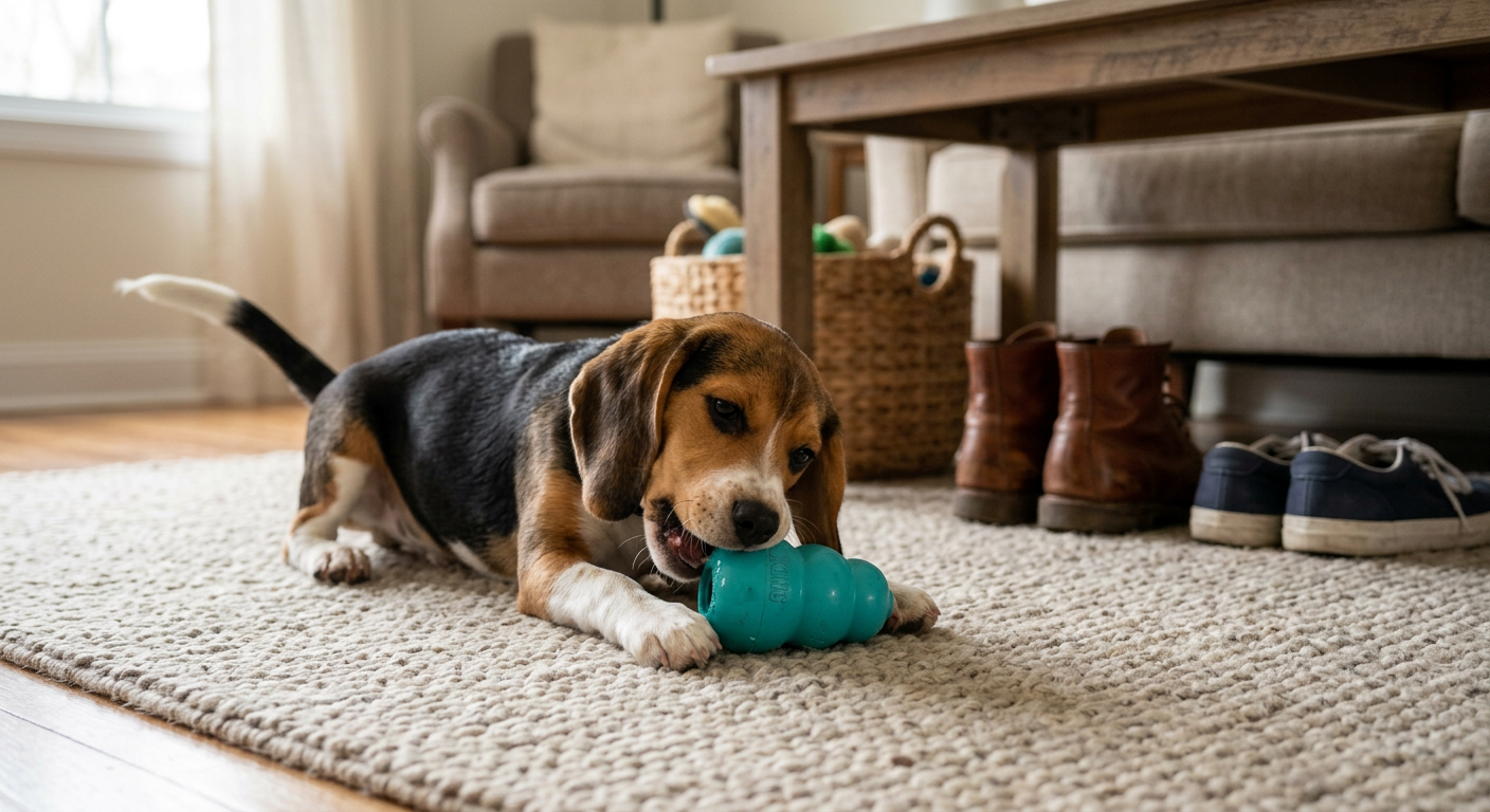 A Beagle puppy playing with a colorful rubber chew toy on a living room rug.