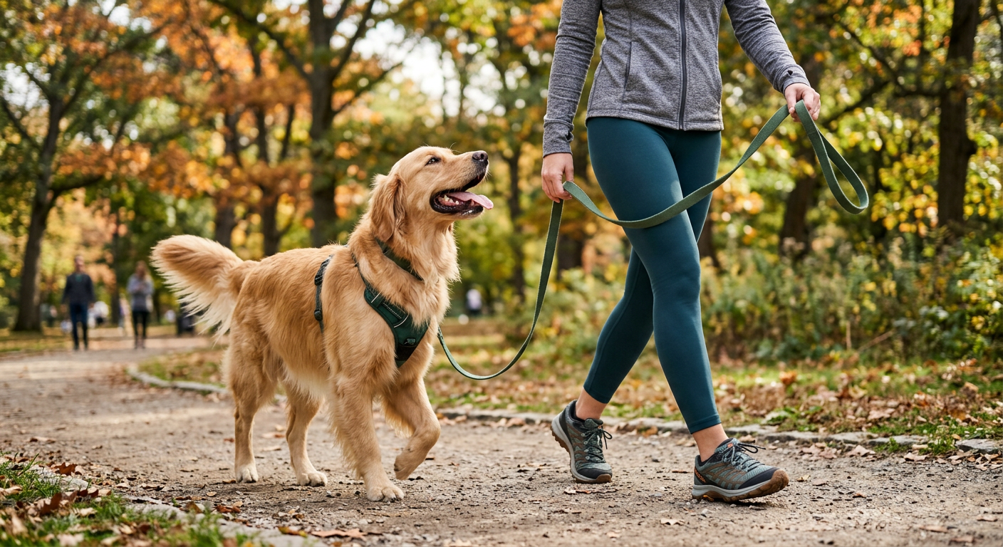 A woman walking a happy Golden Retriever on a loose leash through a park.