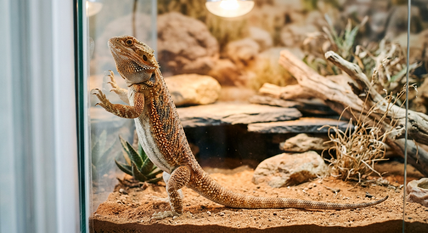 A bearded dragon standing on hind legs against the glass wall of a wooden enclosure.