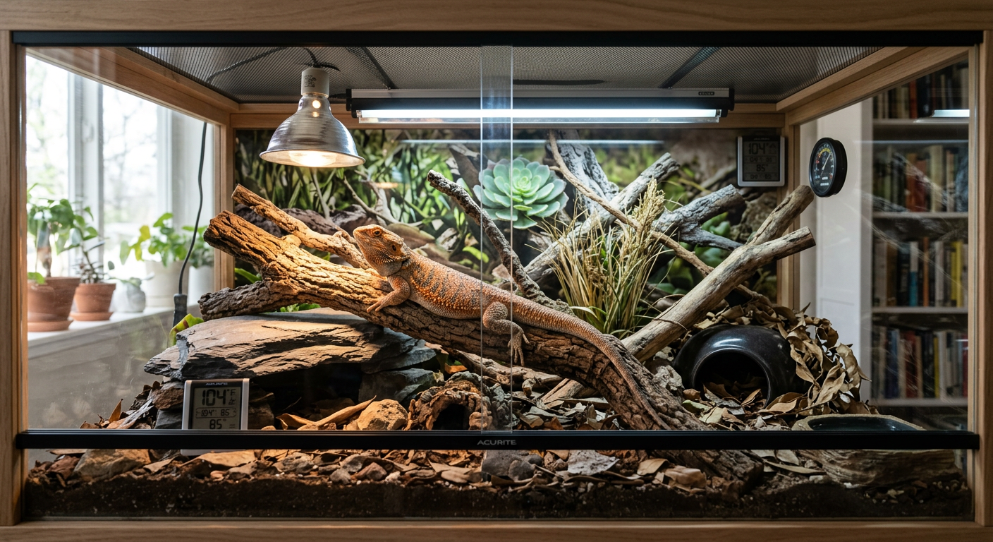 A bearded dragon inside a large enclosure with branches and a heat lamp.