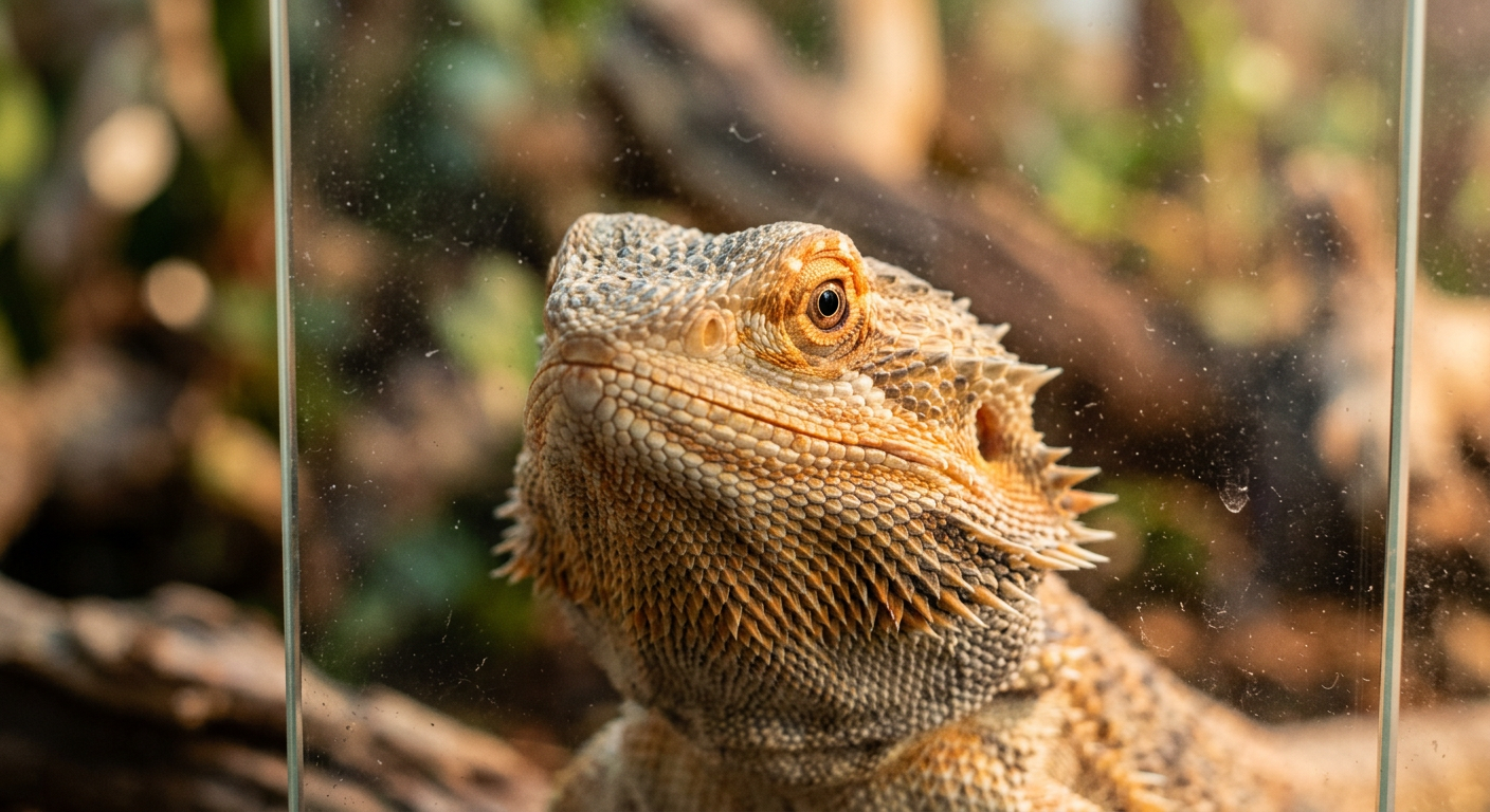 A close up of a bearded dragon looking at its owner through the glass.