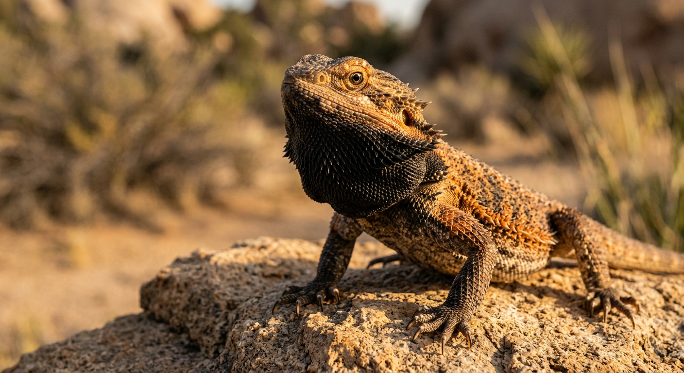 Close up of a bearded dragon with a dark black puffed out throat under a basking light.
