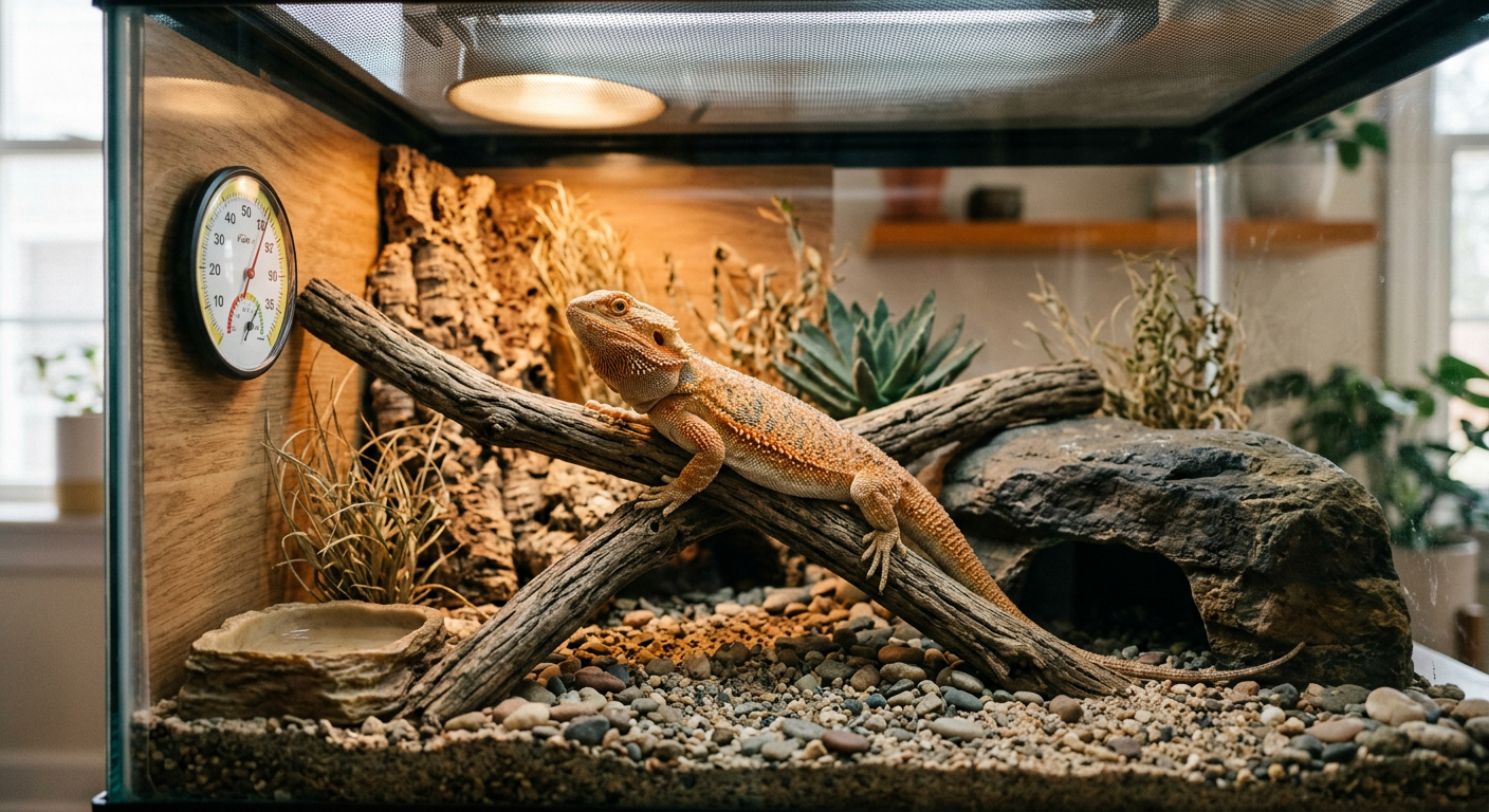 A clean bearded dragon enclosure with proper lighting and hiding spots to reduce stress.