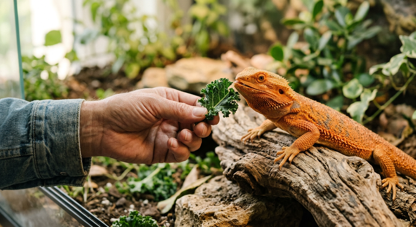 A person gently offering a piece of green vegetable to a calm bearded dragon.