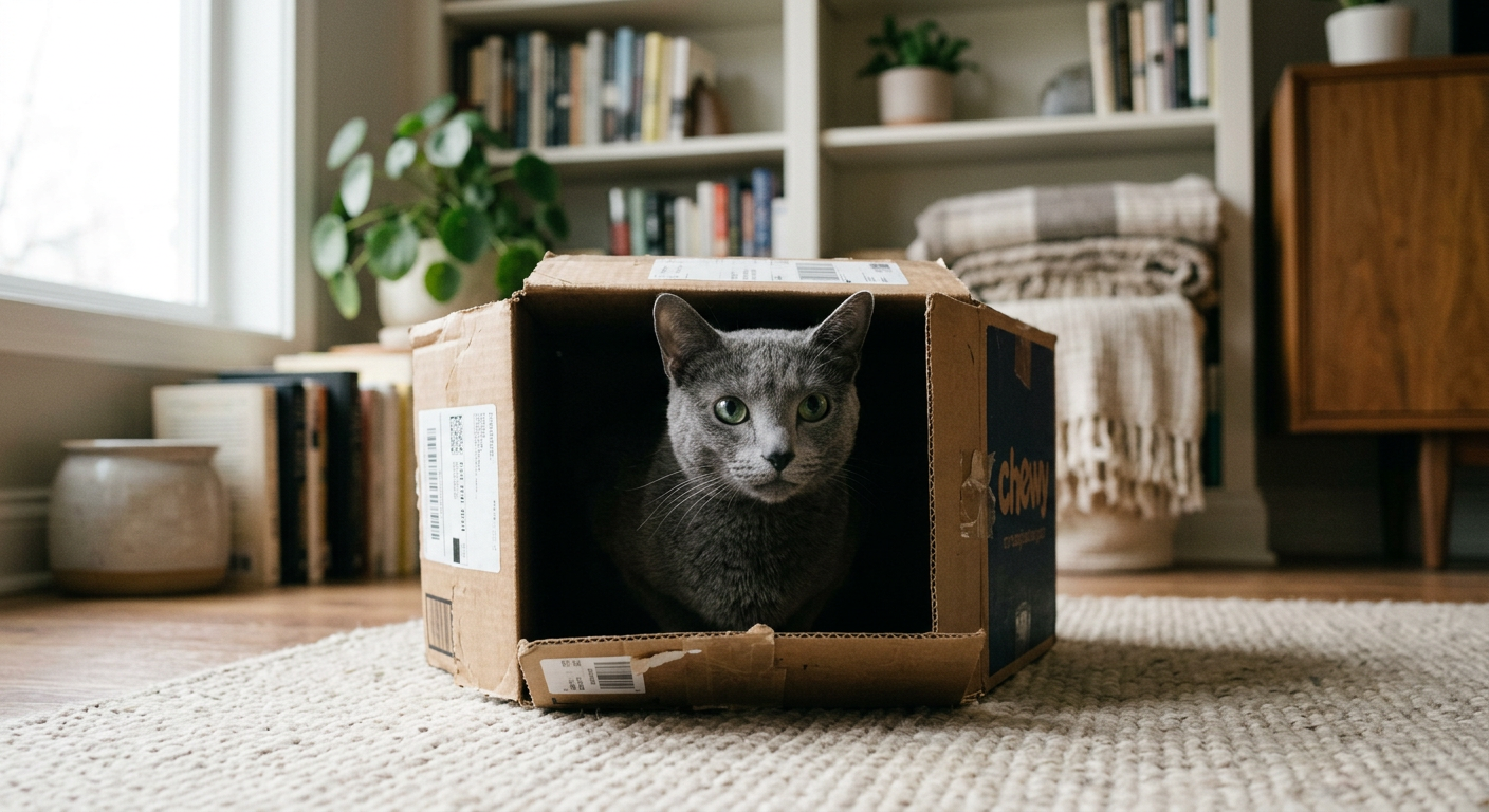 A shy grey Russian Blue cat hiding inside a cozy cardboard box in a sunlit room.