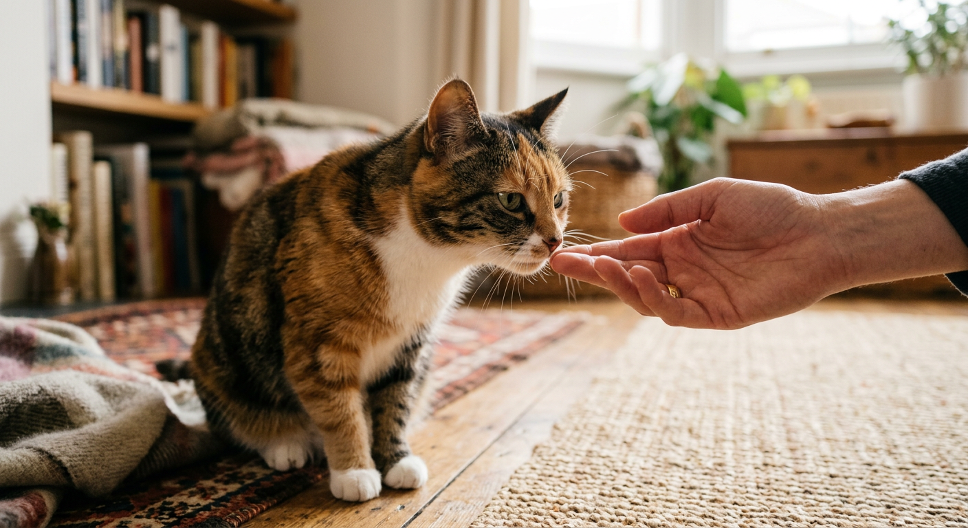 Close up of a person offering a finger to a nervous calico cat for sniffing.