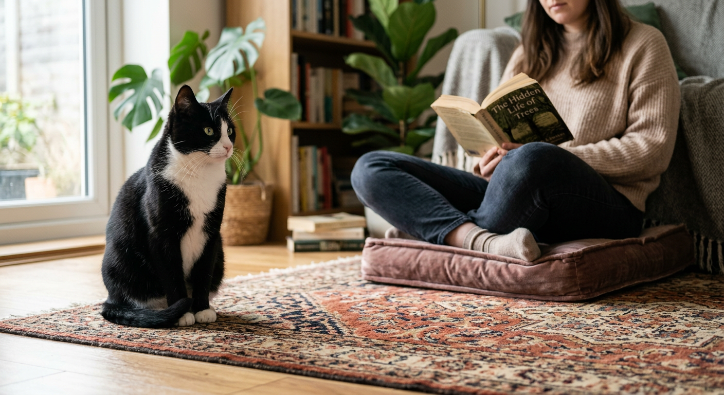 A woman sitting on the floor reading a book while a shy black cat sits nearby.