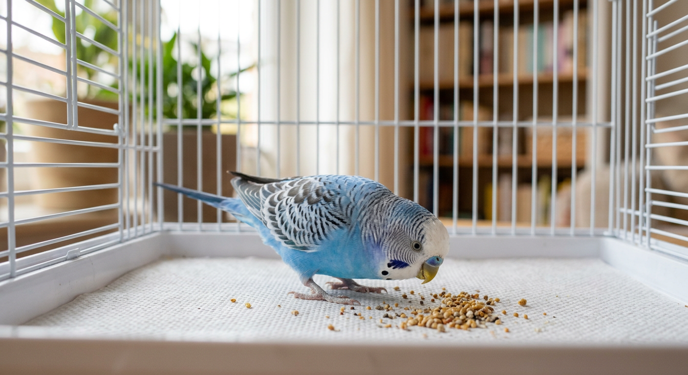 A vibrant green and yellow budgie exploring the bottom of a clean bird cage with curiosity.