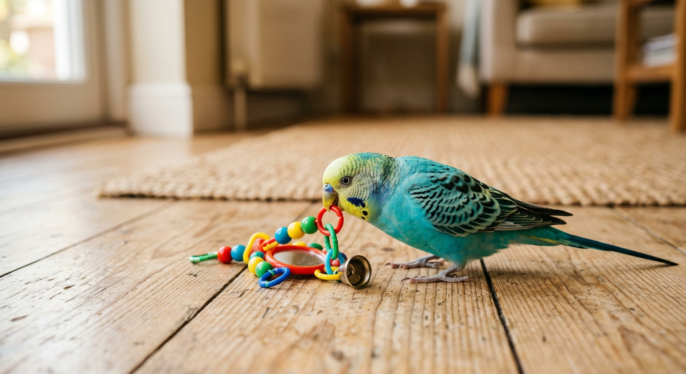 A happy budgie playing with a small colorful ball toy on the floor of its cage.