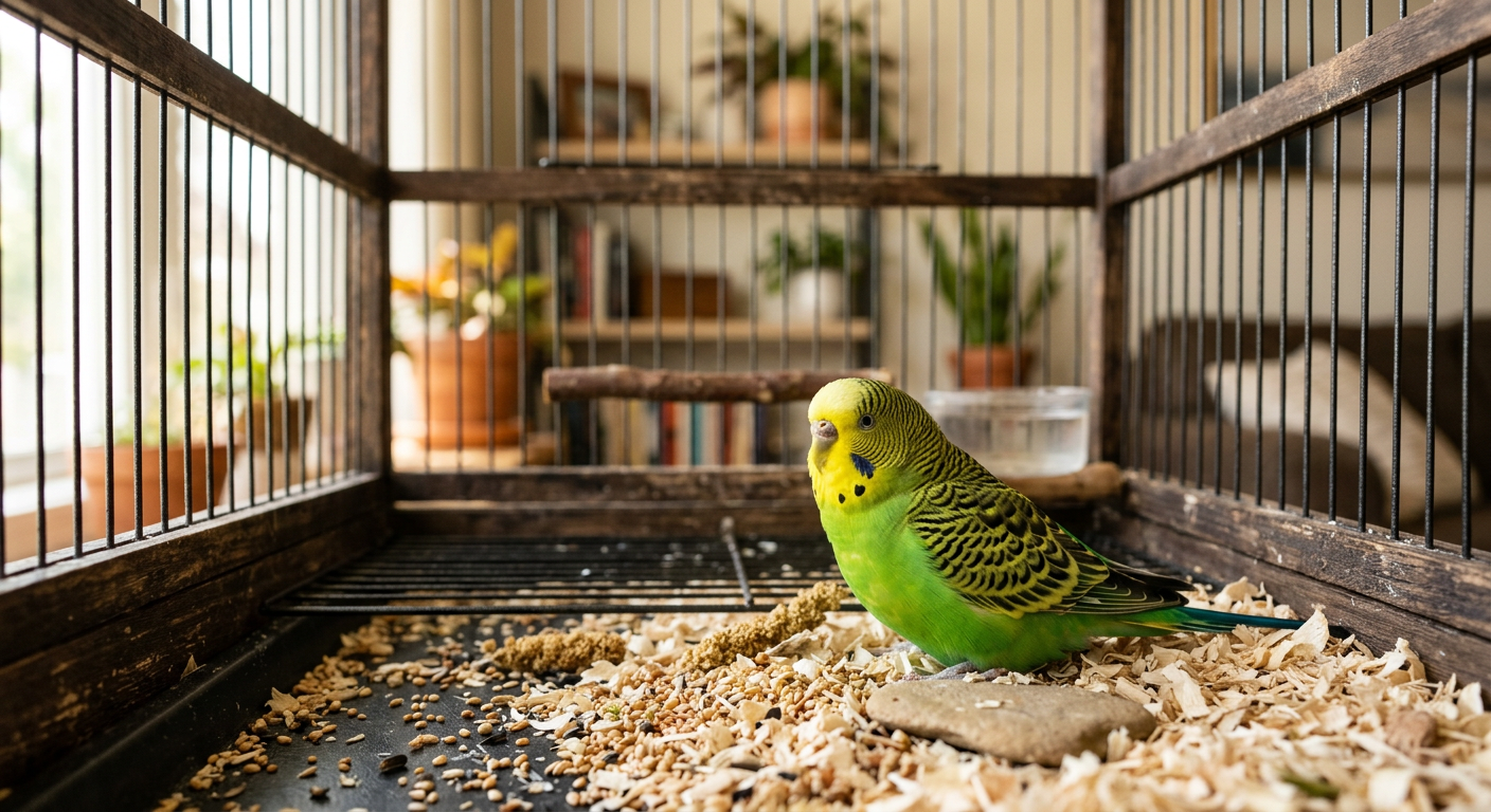 A calm budgie resting comfortably on a flat surface inside a well-lit cage environment.