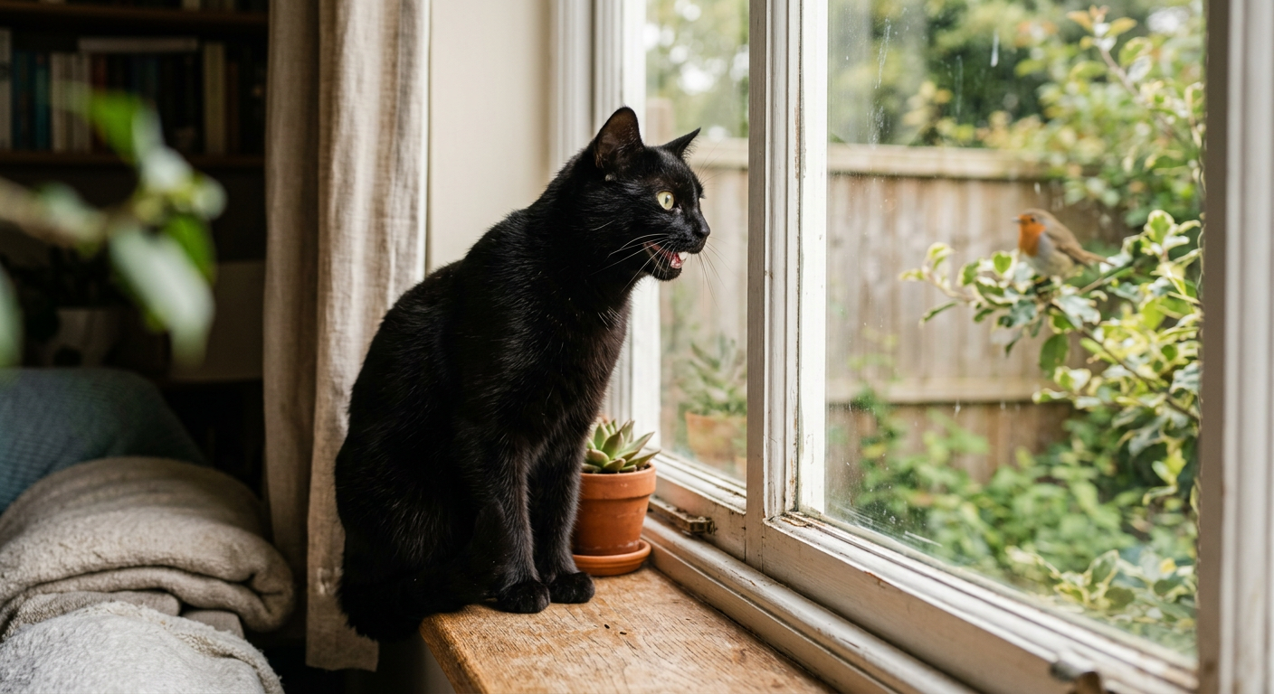 A domestic Siamese cat sitting on a wooden windowsill looking out at birds while chirping and chattering.