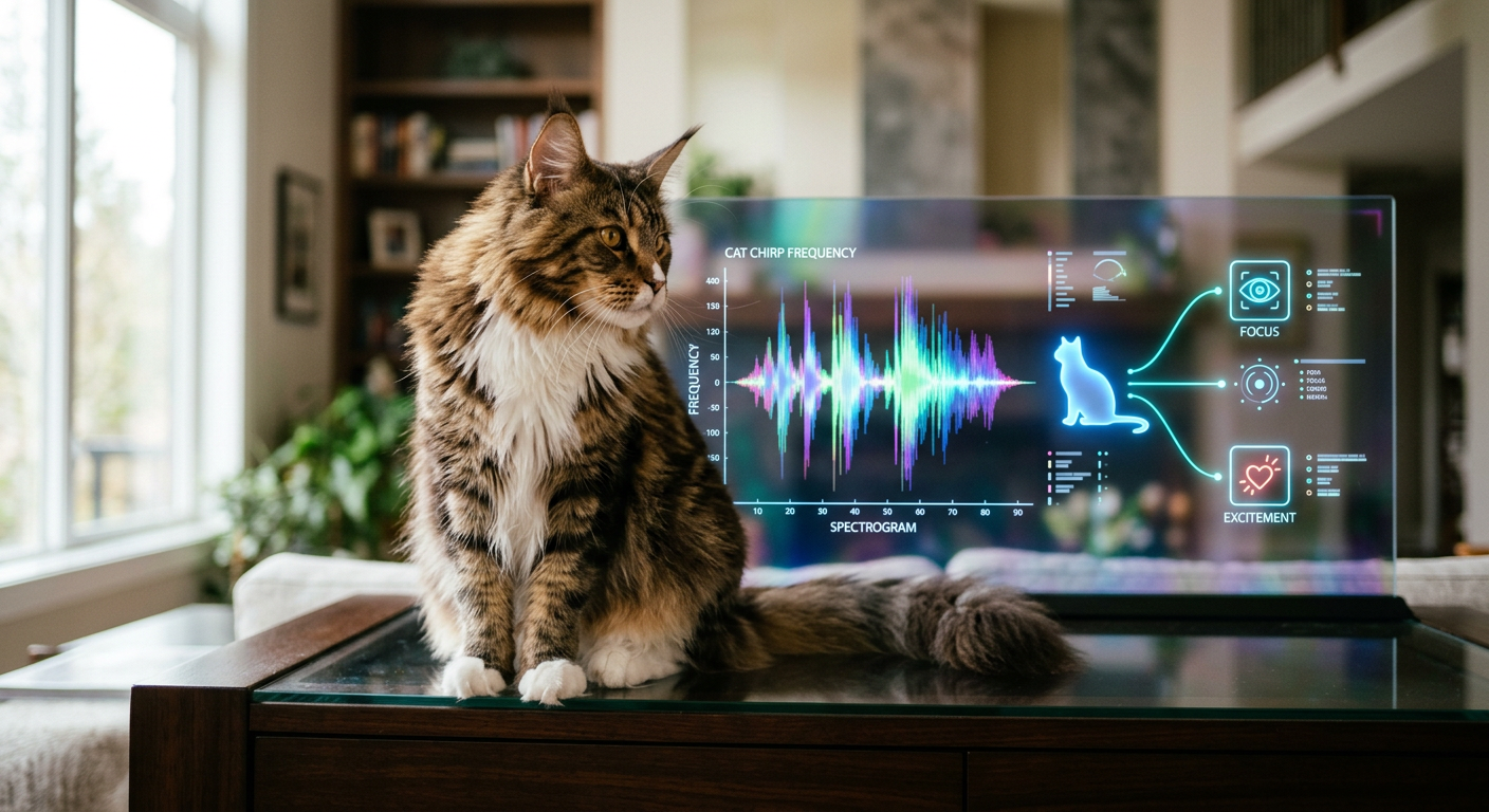 Digital visualization of a cat's vocalization frequencies being analyzed by an artificial intelligence interface.