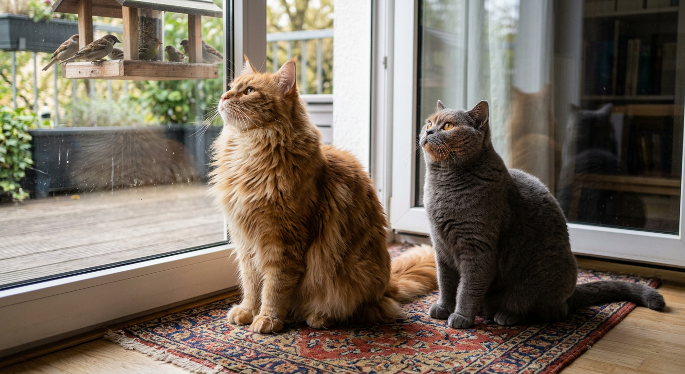 A ginger Maine Coon and a grey British Shorthair both looking out a window with curious expressions.