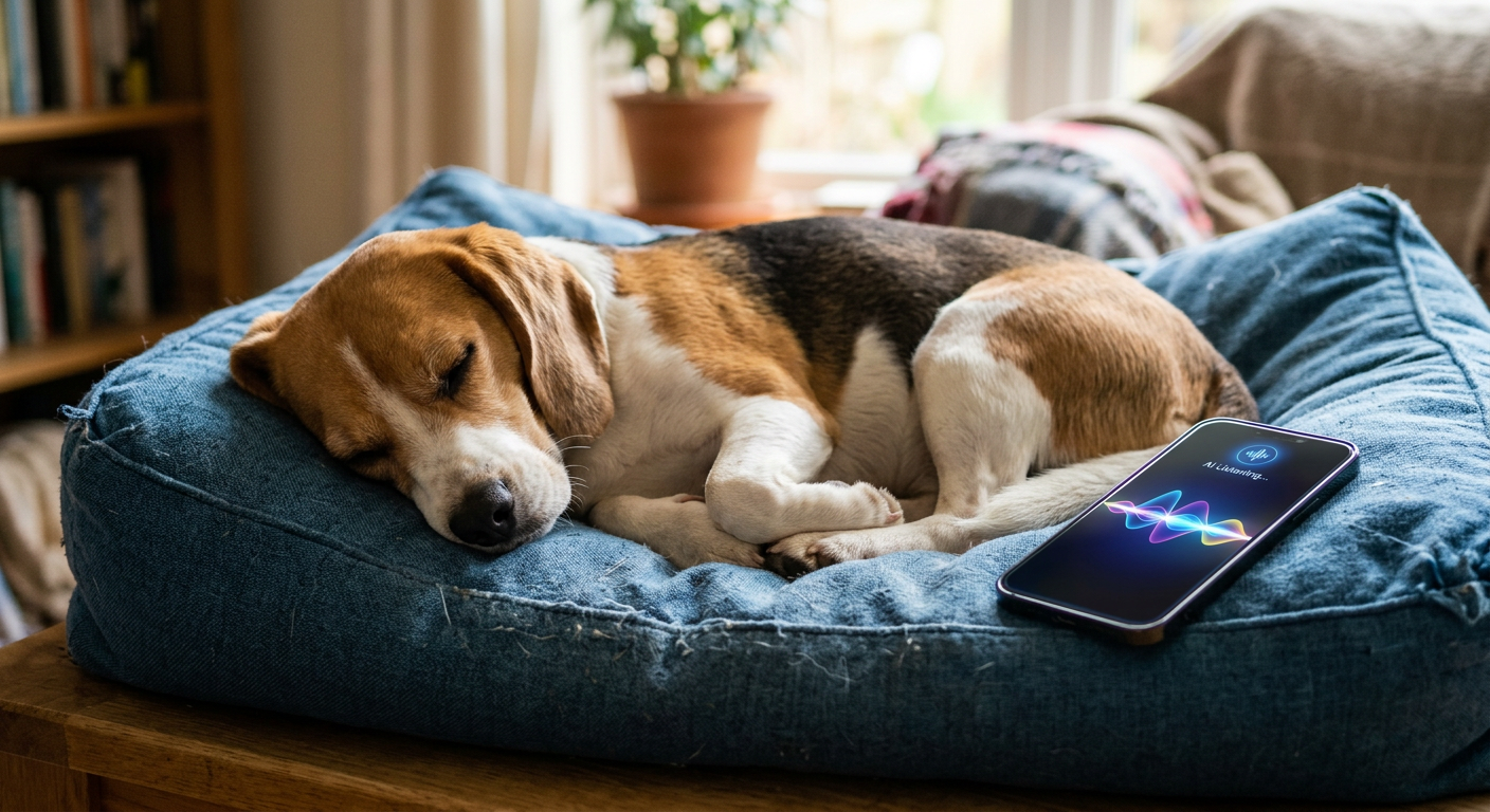 A Beagle sleeping soundly on a cozy dog bed while a smartphone nearby displays a sound wave graph.