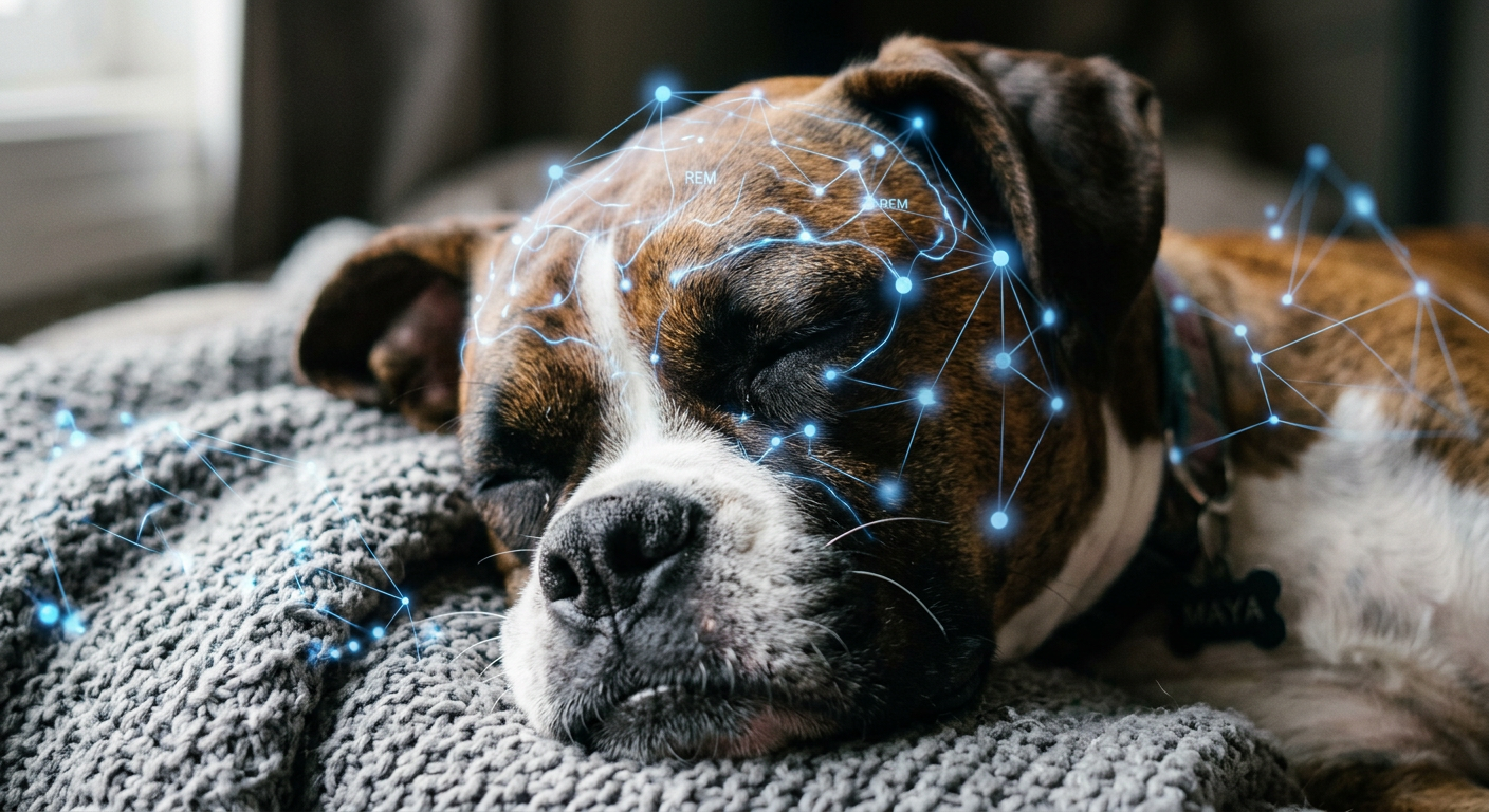 A conceptual illustration of a sleeping Boxer dog with digital AI neural network overlays representing dream patterns.