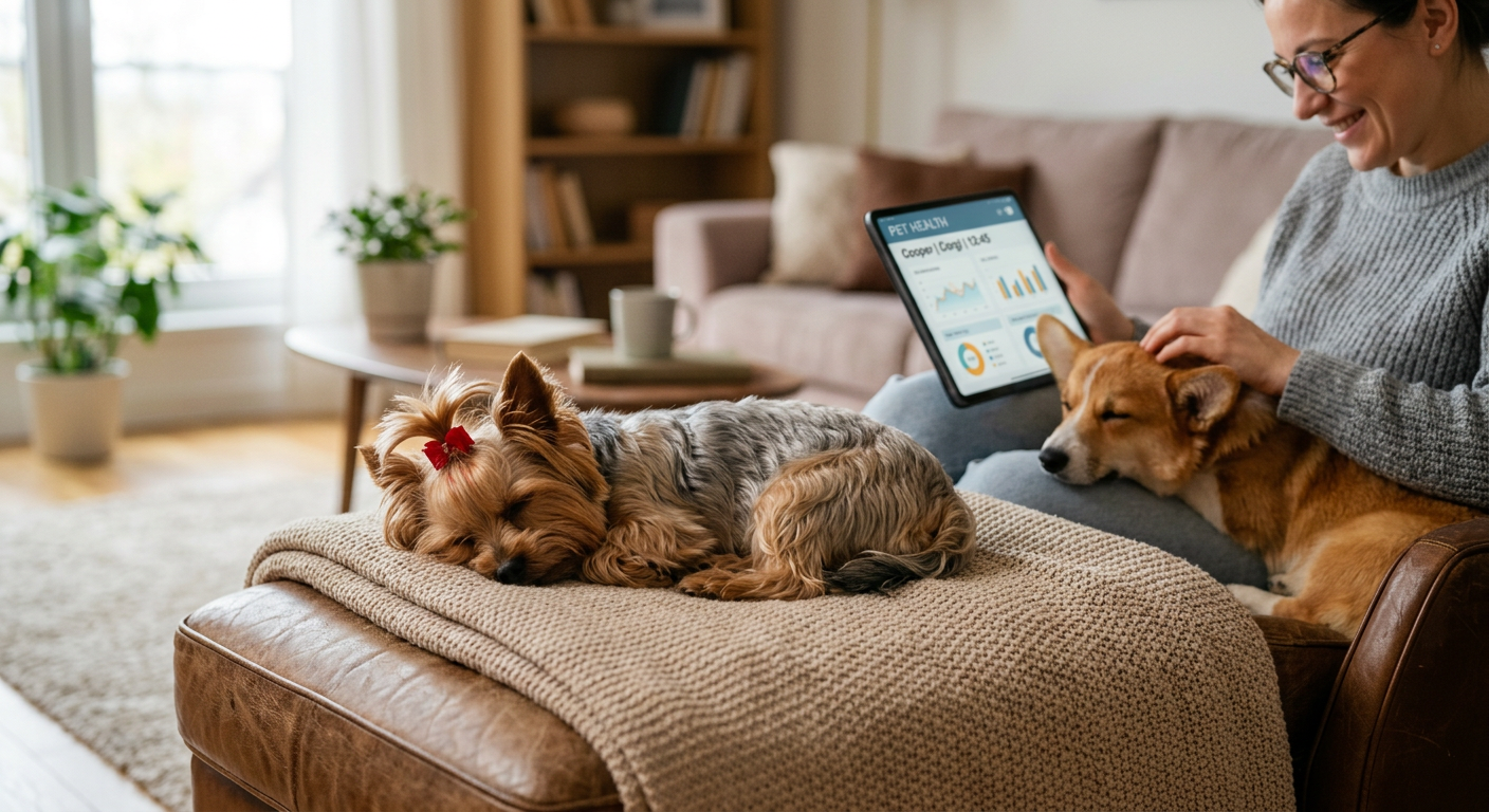 A happy pet owner sitting on a sofa with their sleeping Corgi, looking at a wellness app on a tablet.