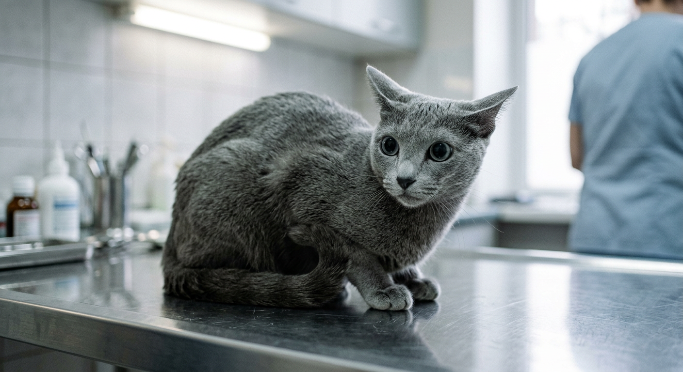 A nervous Russian Blue cat sitting on a vet table, purring with dilated pupils and ears slightly tilted.