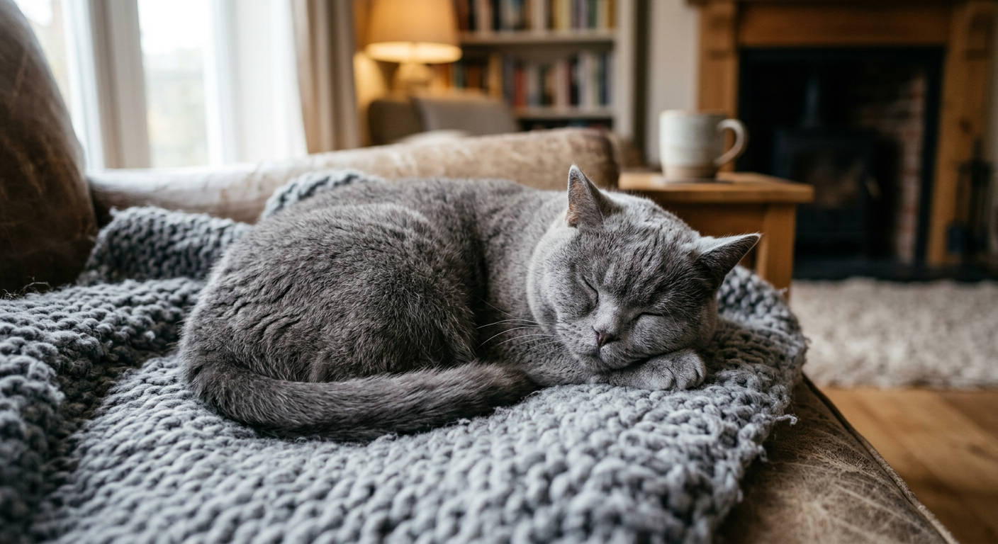 A happy British Shorthair cat curled up on a soft blanket, purring contentedly with eyes closed.