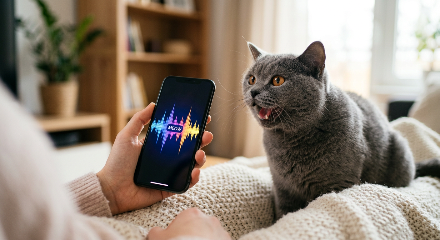 A smartphone displaying a sound wave graph next to a cat, representing AI audio analysis.