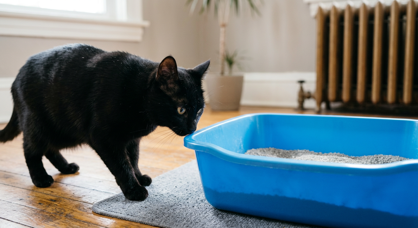 A grey tabby cat sniffing a bright blue plastic litter box with a skeptical expression in a sunlit room.