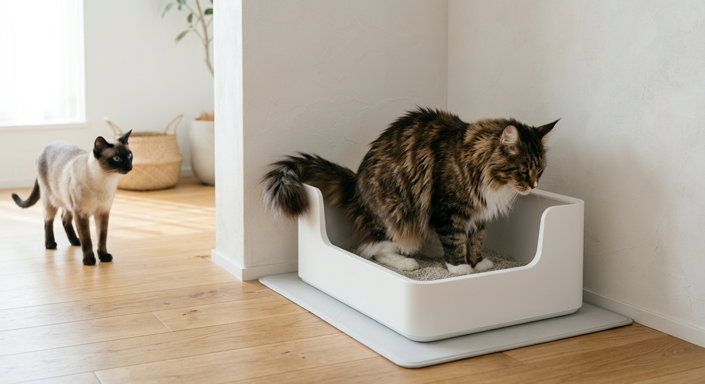 A clean white litter box tucked into a quiet corner of a modern laundry room with a cat nearby.