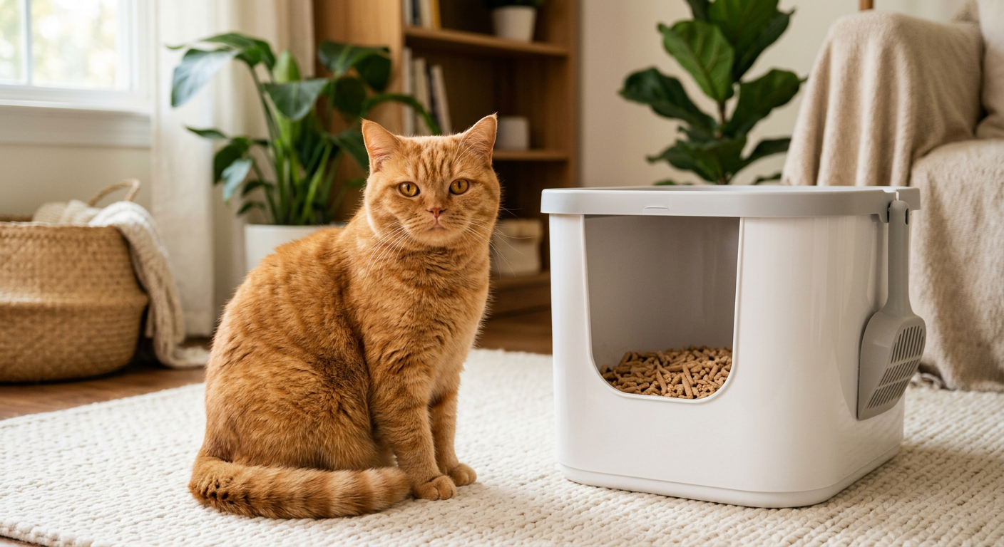 A happy ginger cat sitting next to a clean litter box looking content and relaxed.