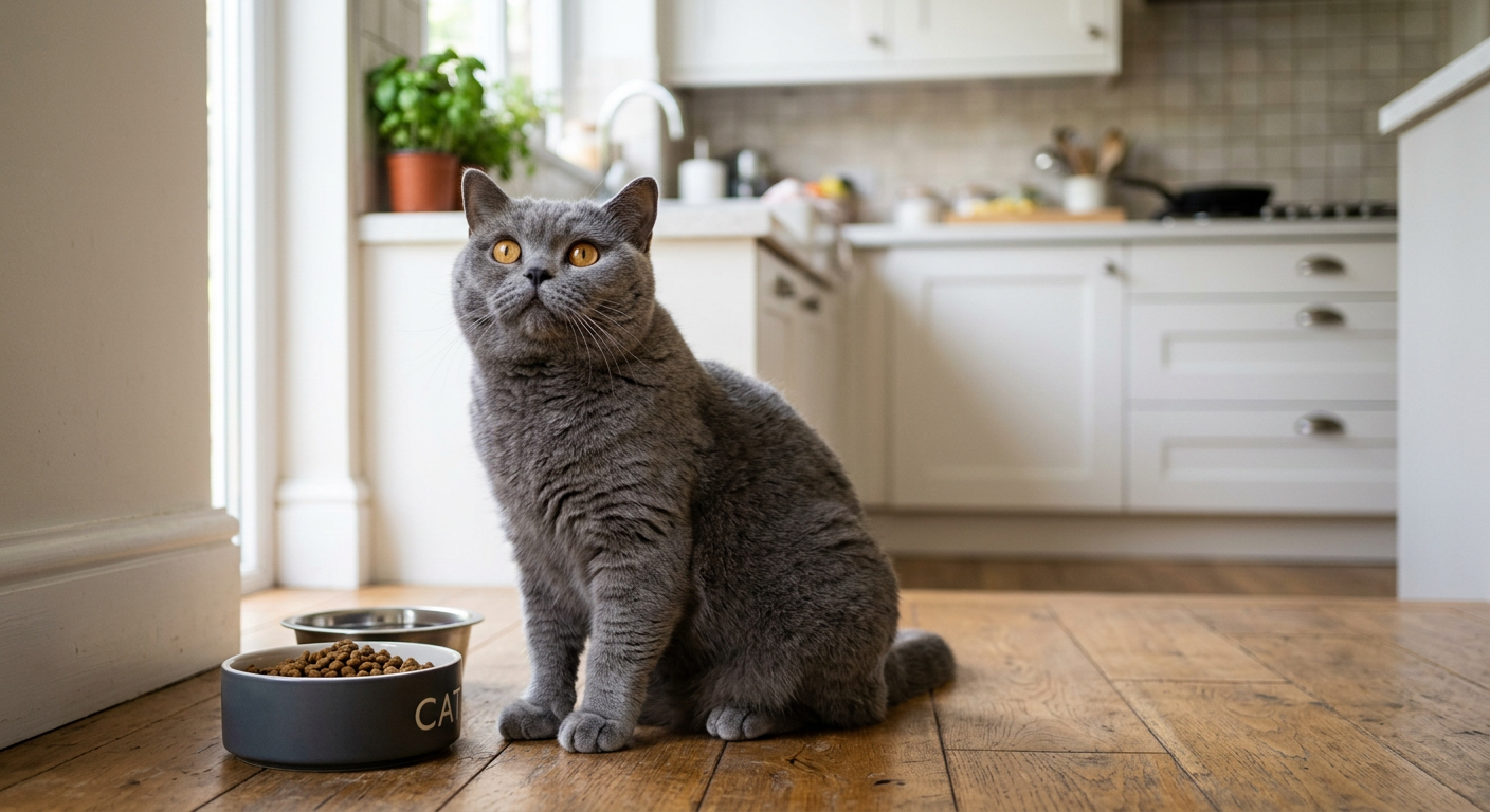 A fluffy Siamese cat sitting by an empty silver bowl looking up expectantly at the camera in a sunlit kitchen.