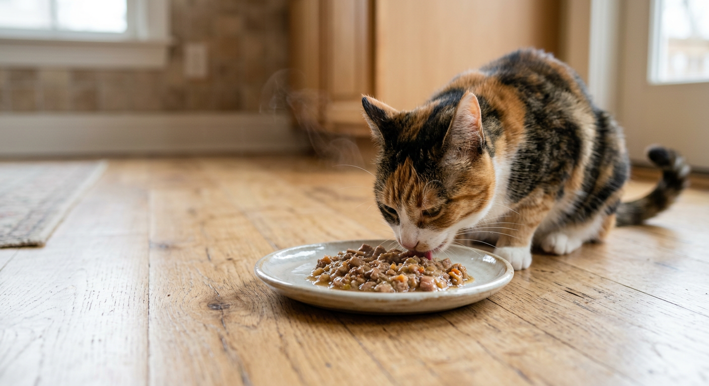Close up of a ceramic flat plate with fresh wet cat food and a sprig of catnip in a clean domestic setting.