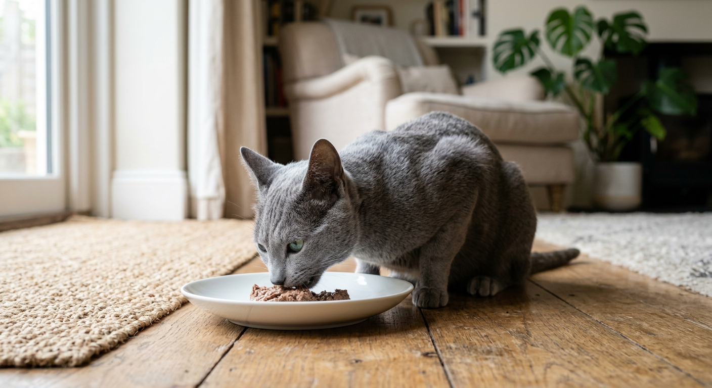 A happy tabby cat eating contentedly from a wide, shallow white plate on a wooden floor.