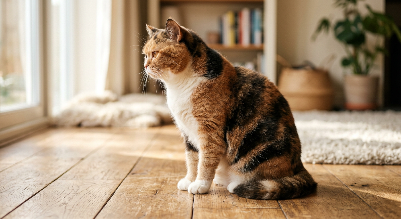 A calico cat sitting on a wooden floor looking at her slightly distended belly with curiosity.
