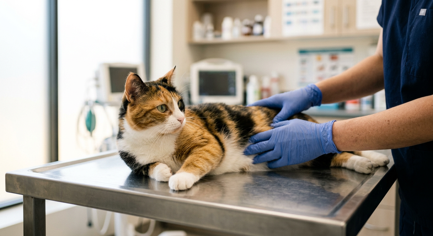 Close up of a person's hands gently checking the belly of a grey tabby cat.
