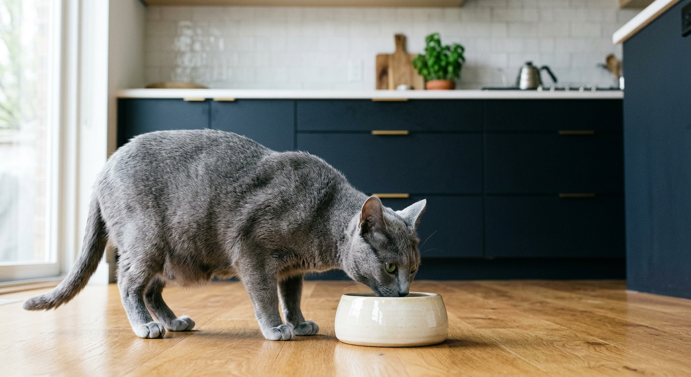 A Siamese cat standing on a rug showing a rounded midsection while eating from a bowl.