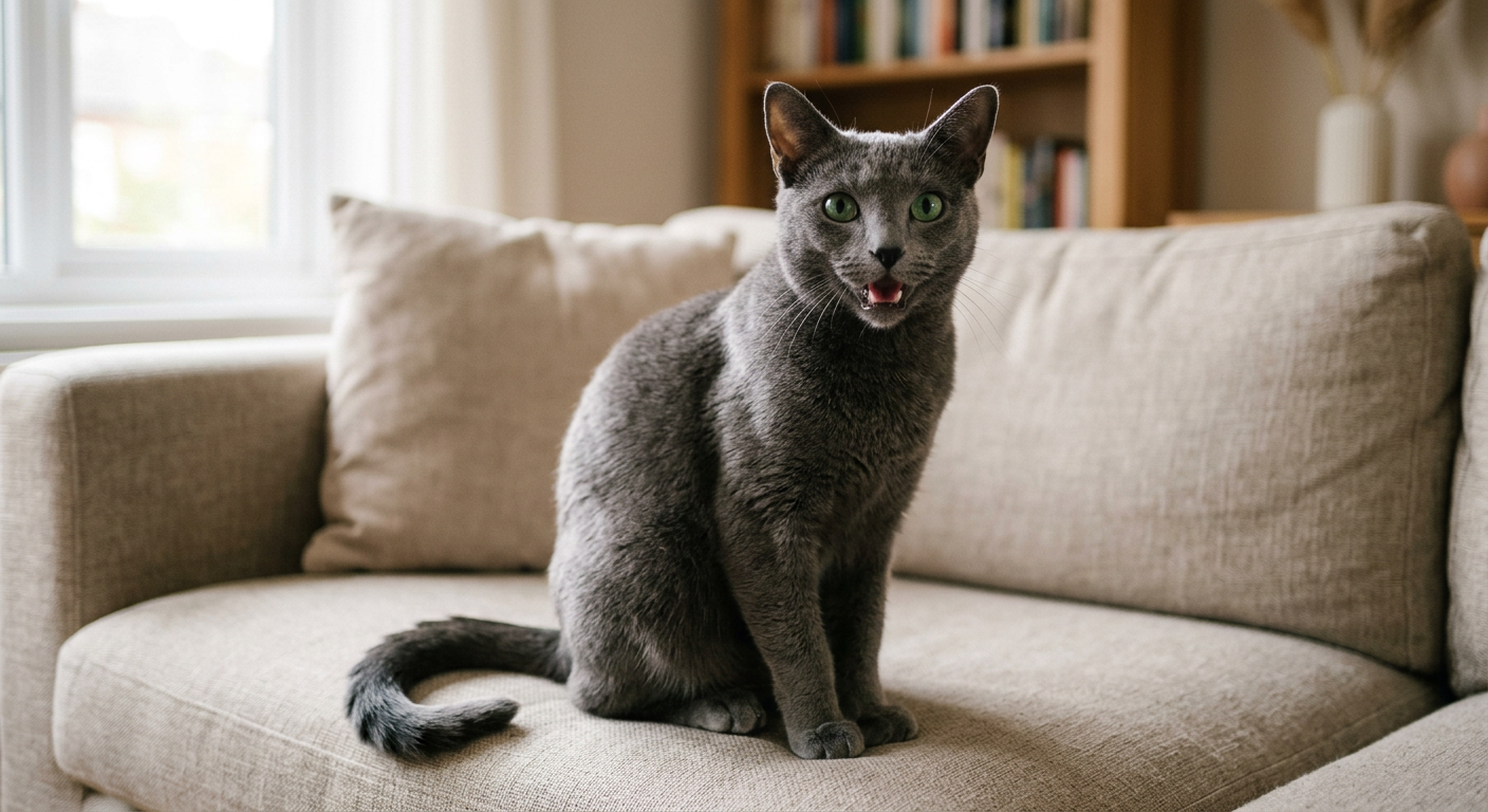 A grey Russian Blue cat sitting on a sofa looking slightly distressed with its mouth slightly open.