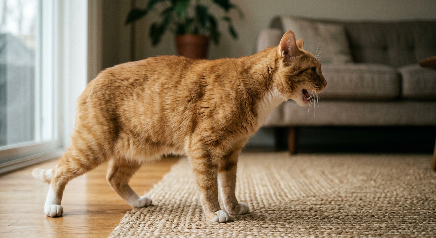 A calico cat stretching its neck forward with its mouth open on a rug.