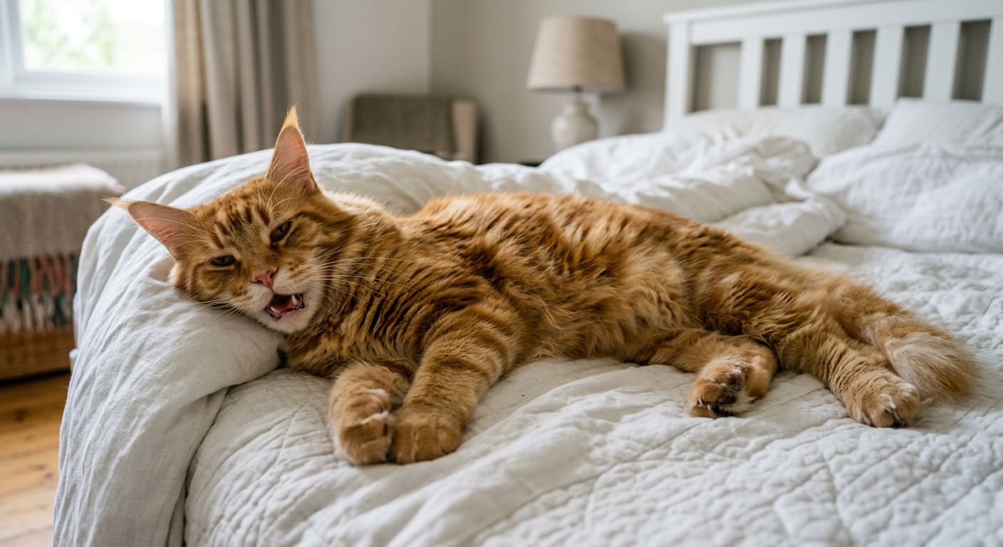 A fluffy Maine Coon cat resting on a bed with an open mouth and calm eyes.