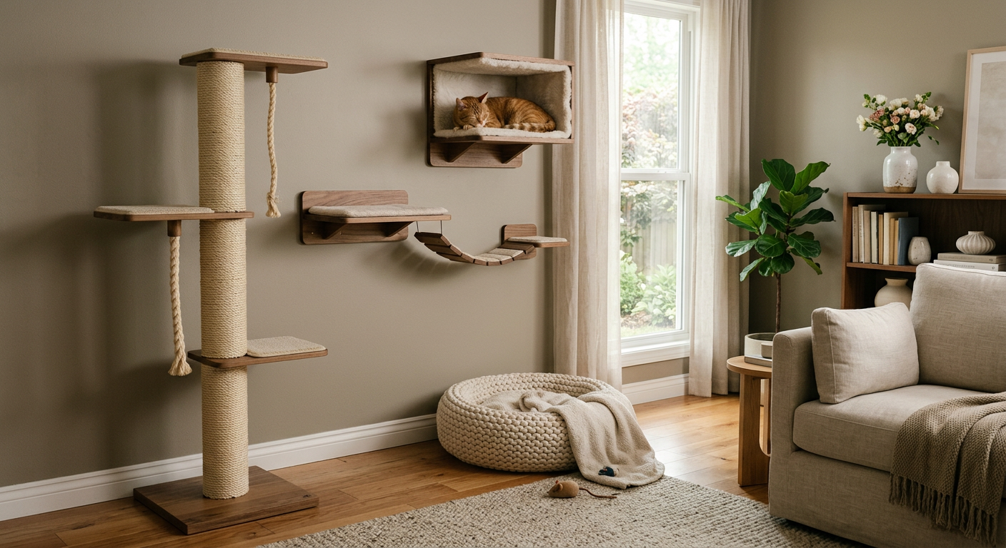 A well-organized indoor cat environment featuring a tall cat tree near a sunlit window.