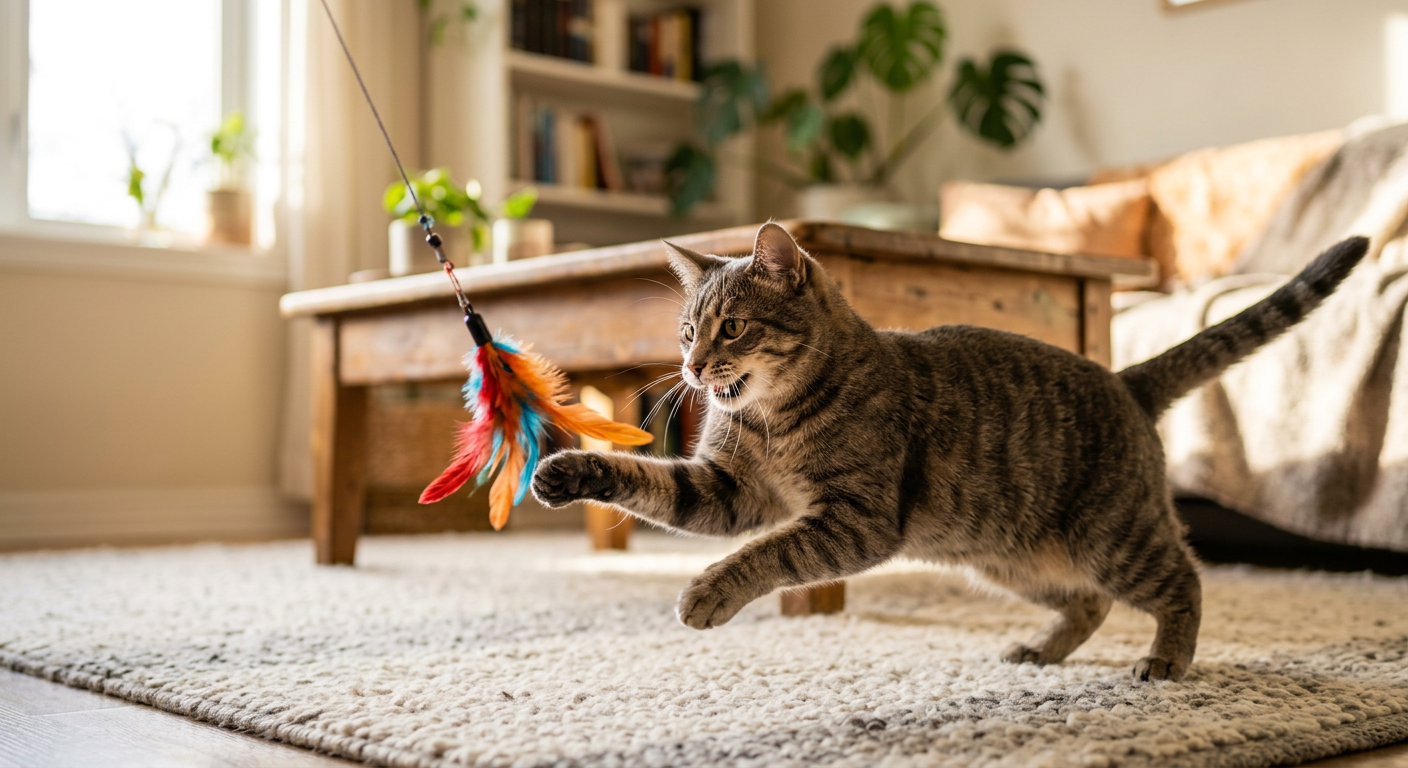 A ginger tabby cat playfully pouncing on a feather wand toy during an interactive play session.