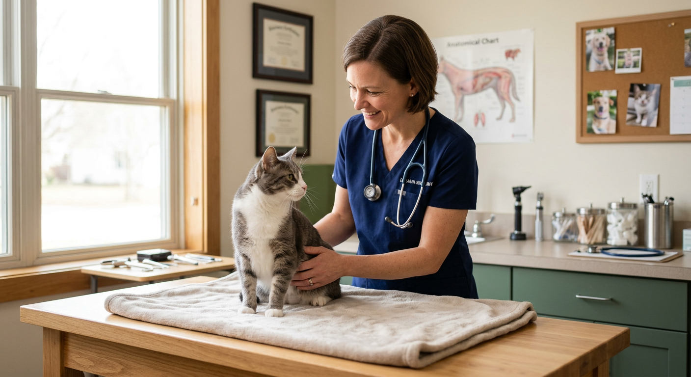 A veterinarian gently examining a cat's teeth during a routine wellness check-up at a clinic.