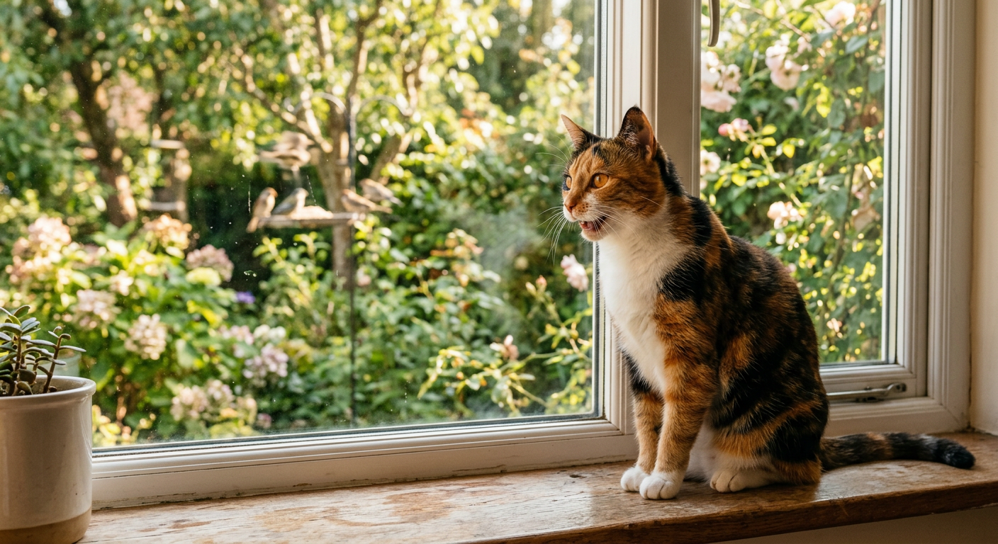 A multi-colored calico cat sitting on a windowsill chirping intensely at birds outside a clear glass pane.