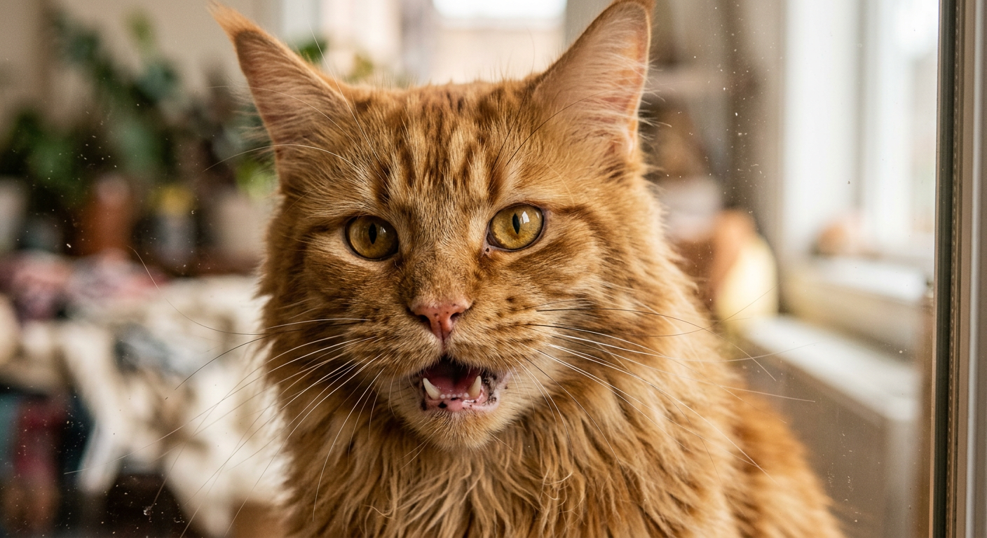 Close up of a ginger cat's face showing the focused expression while chattering at a window.