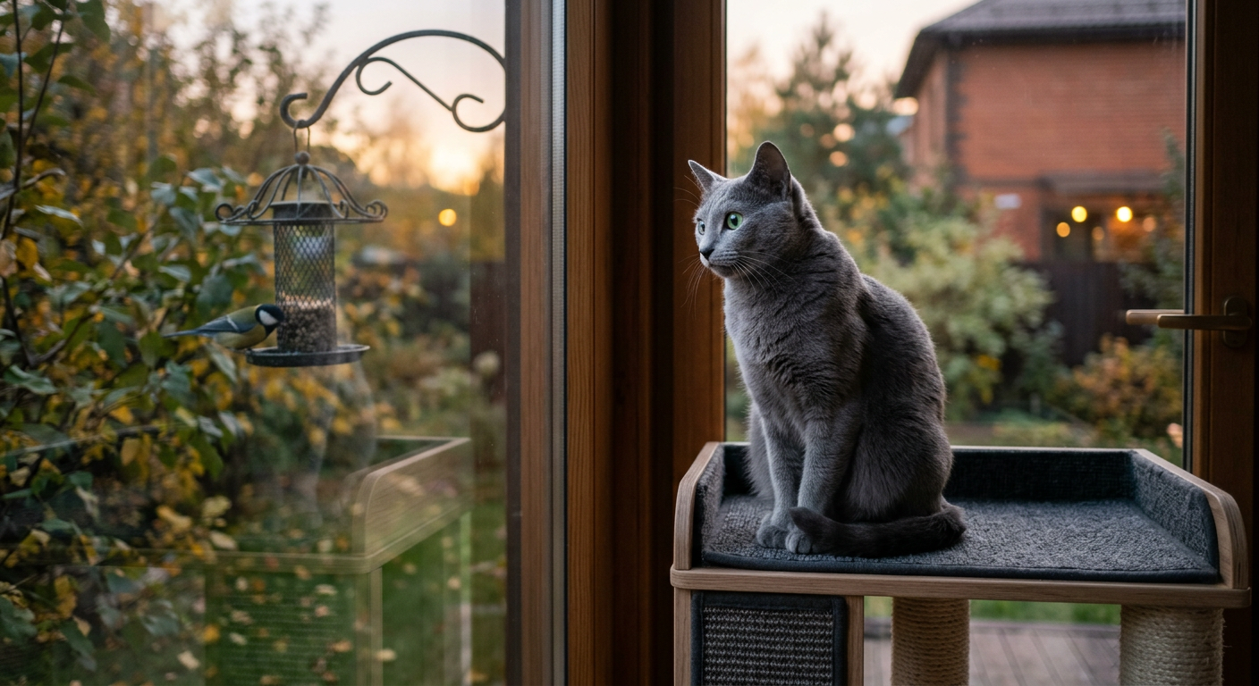 A sleek Russian Blue cat watching a bird feeder from behind an indoor glass door with interest.