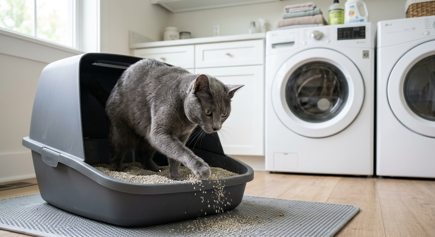 A focused Russian Blue cat diligently digging in a clean litter box with high sides in a sunny room.