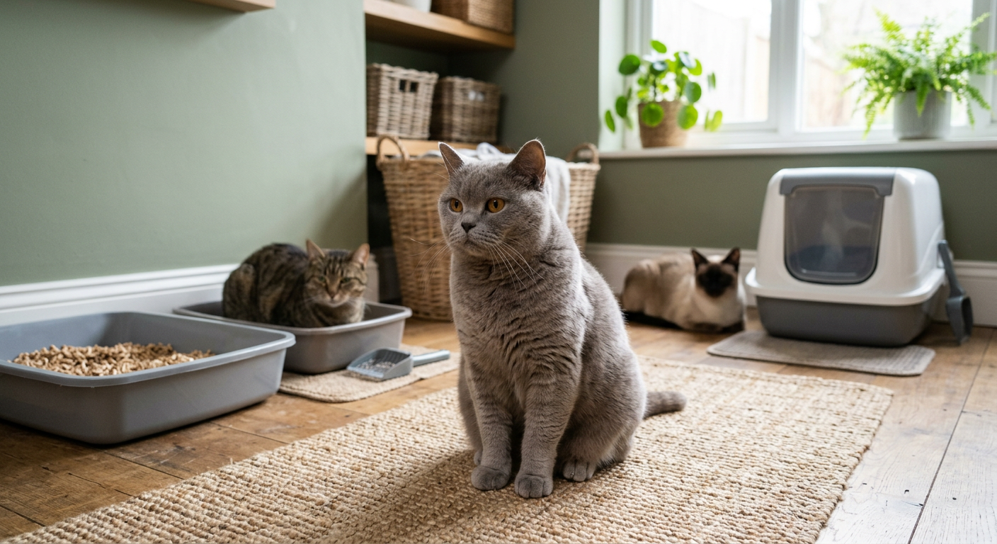 Two cats of different breeds, a tabby and a Siamese, near their separate litter boxes in a calm home setting.