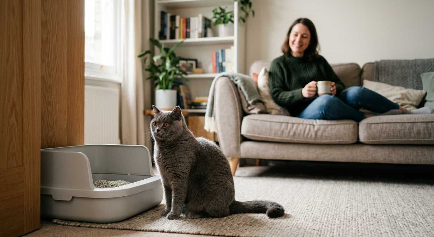 A concerned owner gently watching a British Shorthair cat from a distance to monitor its behavior.
