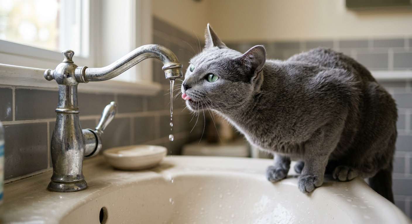 A sleek Siamese cat balancing on the edge of a porcelain bathroom sink drinking from a dripping chrome faucet.