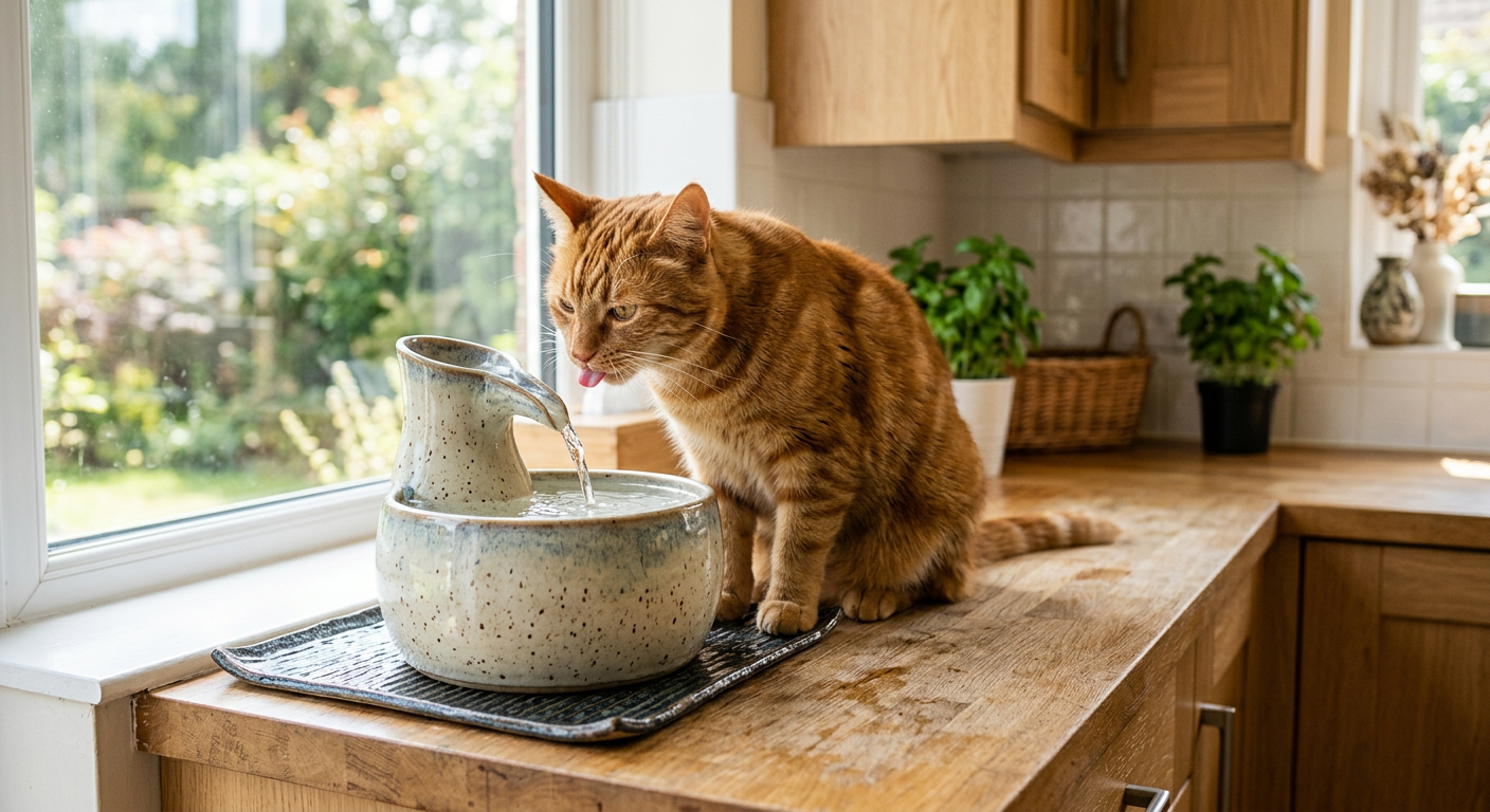 A modern ceramic cat water fountain with bubbling water on a wooden floor next to a window.