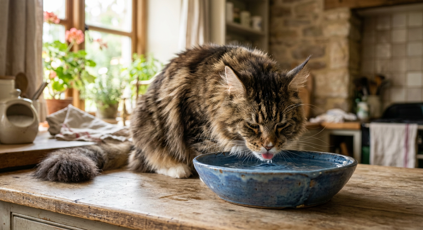 A fluffy Maine Coon cat happily drinking from a wide shallow ceramic bowl on a tiled floor.