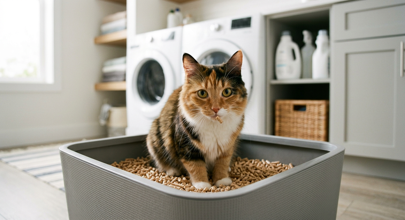 A Siamese cat sitting in a litter box looking confused with a piece of natural litter in its mouth.
