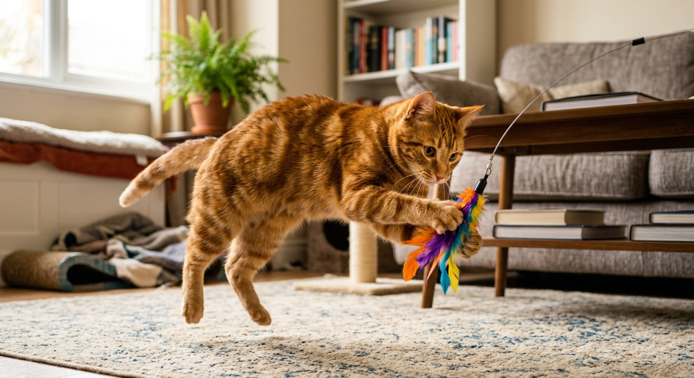 A ginger tabby cat playing with a feather toy to prevent boredom-related pica.